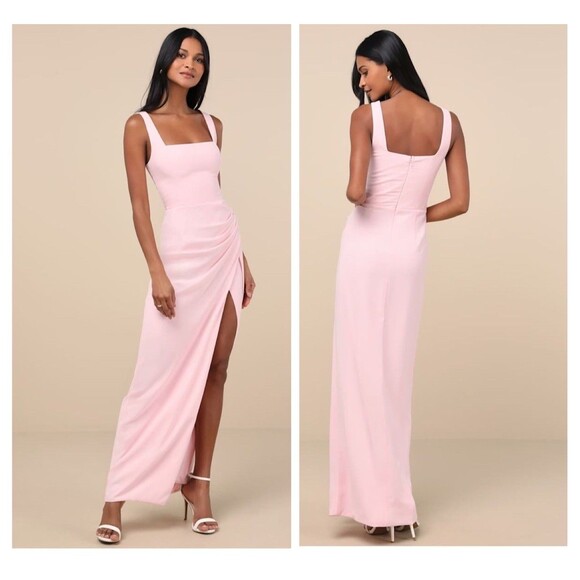Lulus Glamorous Disposition Light Pink Ruched Maxi Dress Size Large NWT Cocktail - Picture 1 of 8